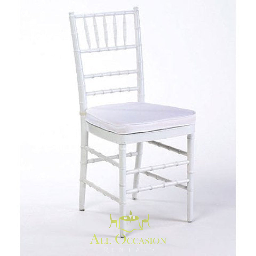 White Chiavari chair with cushion, perfect for event rentals in Corona for weddings and special occasions.