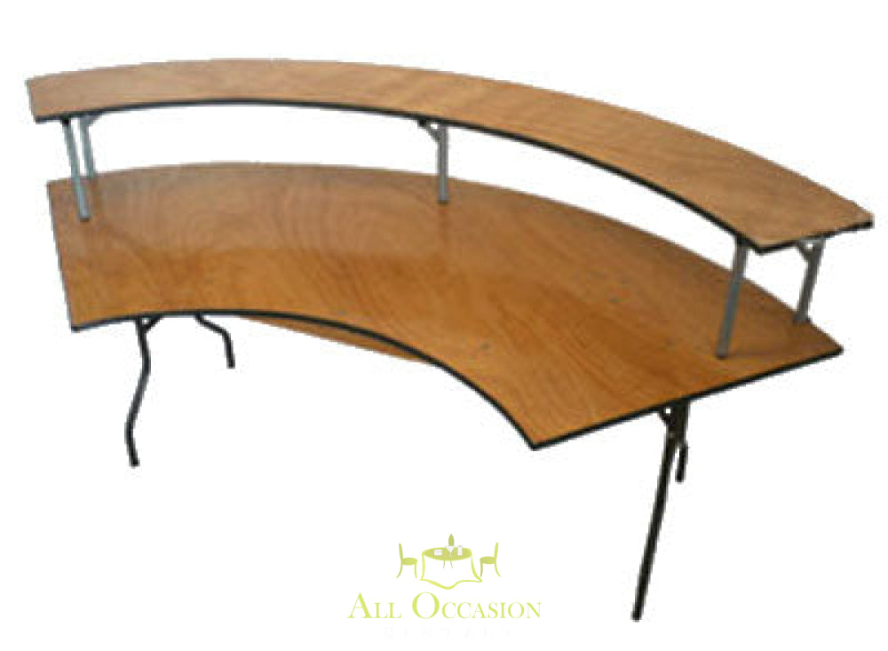 Curved wooden riser bar for event rental, ideal for Corona parties and receptions.