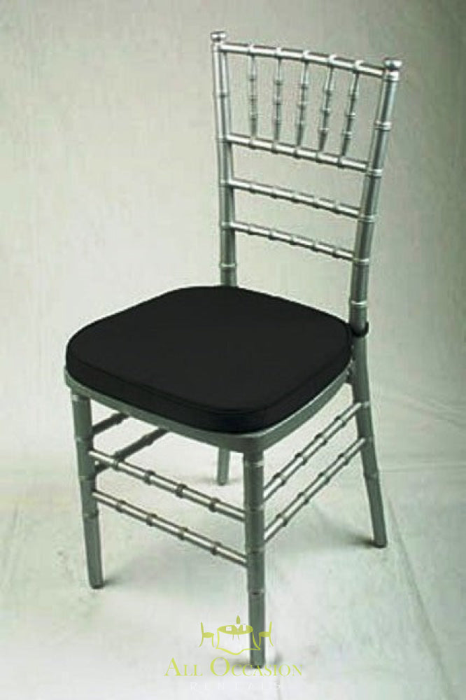 Chiavari chair silver with black cushion for elegant event rentals in Corona, perfect for weddings and special occasions.
