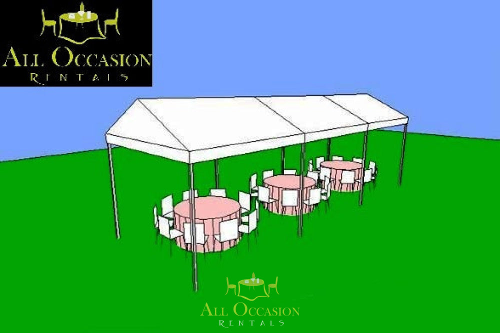 30' x 90' Frame Style Tent setup with round tables for events from All Occasion Rentals.