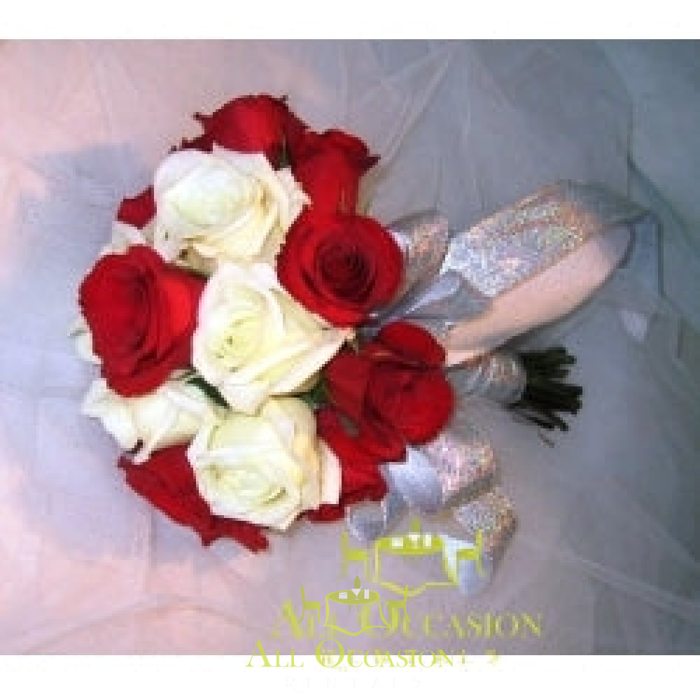 Bouquets Flowers with red and white roses wrapped in a decorative ribbon, perfect for weddings.