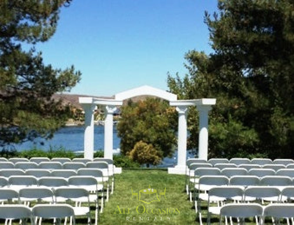 Colonnade arch setup for weddings, outdoors seating by the lake, perfect for Corona event rentals.
