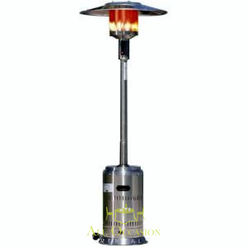 Stainless-steel patio heater rental for outdoor events, ideal for Corona party rentals and event rentals in Inland Empire.
