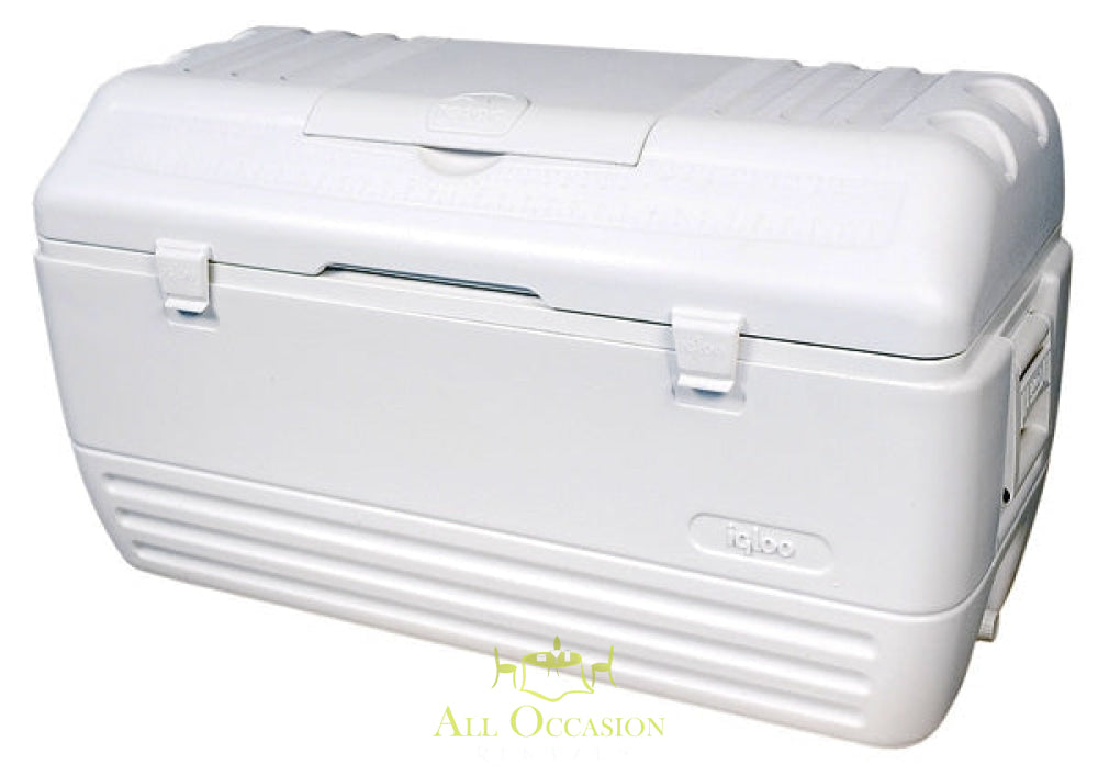 White 165-quart ice chest ideal for outdoor events, party rentals, and sports activities in Corona CA.