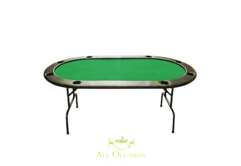 Full-size poker table with green felt for 8 players, perfect for casino party rentals in Corona.