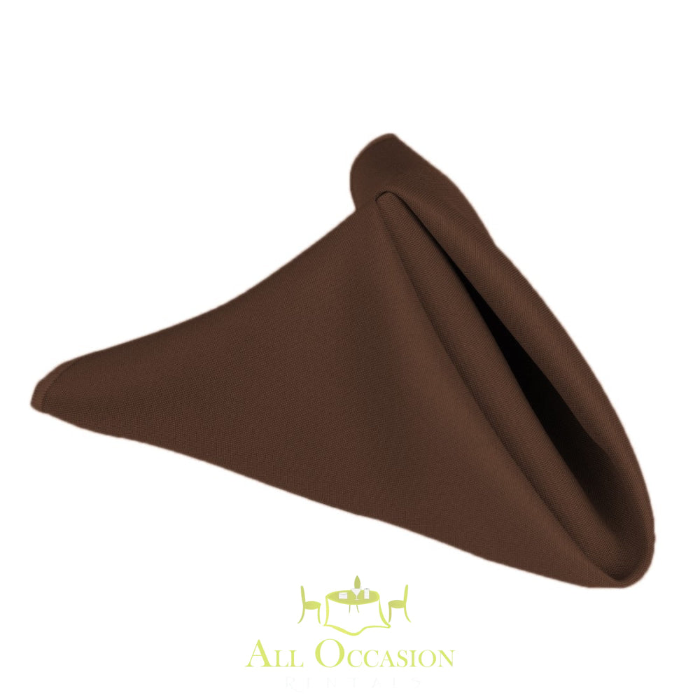 Chocolate polyester napkin for elegant table settings from All Occasion rental, ideal for events in Corona.