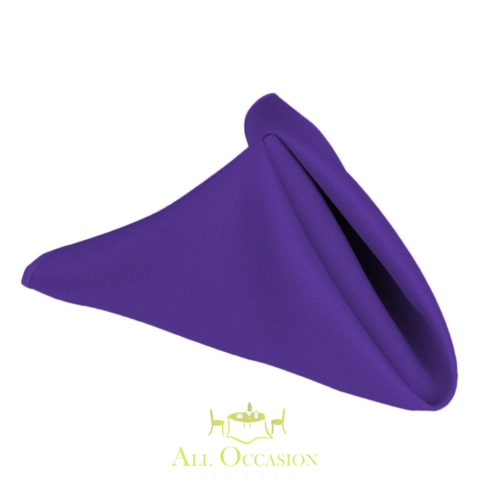 Purple polyester napkin for elegant table settings at Corona event rentals and wedding accessories rentals.