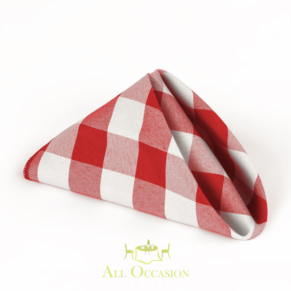 Red and white polyester napkin rental for wedding or party decor at Corona event rentals.