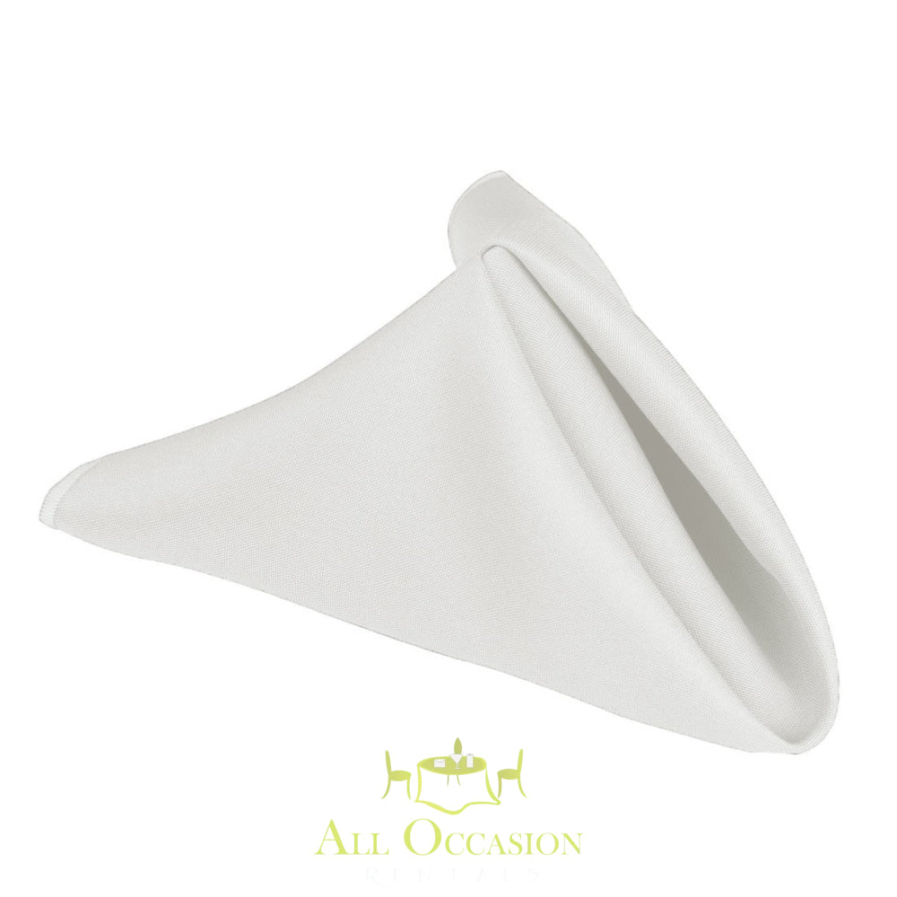 Elegant white polyester napkin perfect for weddings and events, available from Corona event rentals.