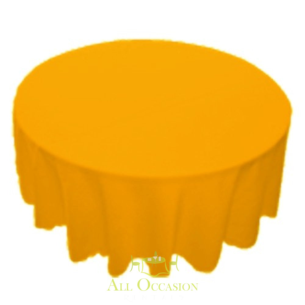120 inch Round Polyester Tablecloth Gold on a round table, perfect for weddings, events, and restaurants.