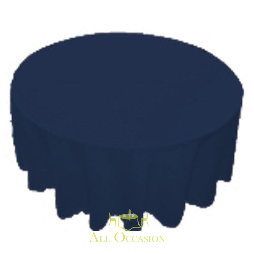 120 inch Round Polyester Tablecloth Navy Blue on a round table, perfect for events and catering.