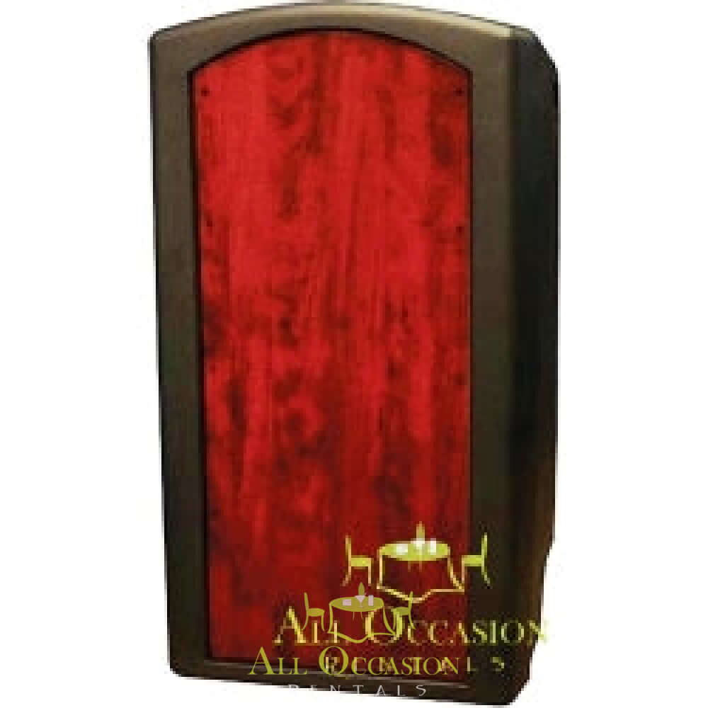 Podium Rental with a sleek design and rich red finish, ideal for any formal event or presentation.