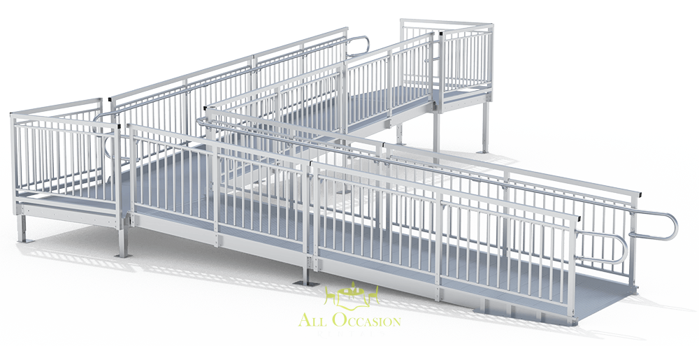 Wheel chair ramp and landing designed for easy access and mobility solutions, featuring sturdy railings and a spacious platform.
