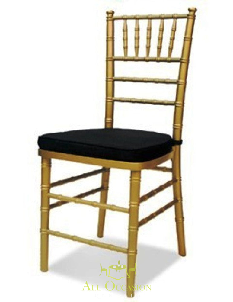 Gold Chiavari chair with black cushion for weddings and events, available for rental in Corona and Inland Empire.