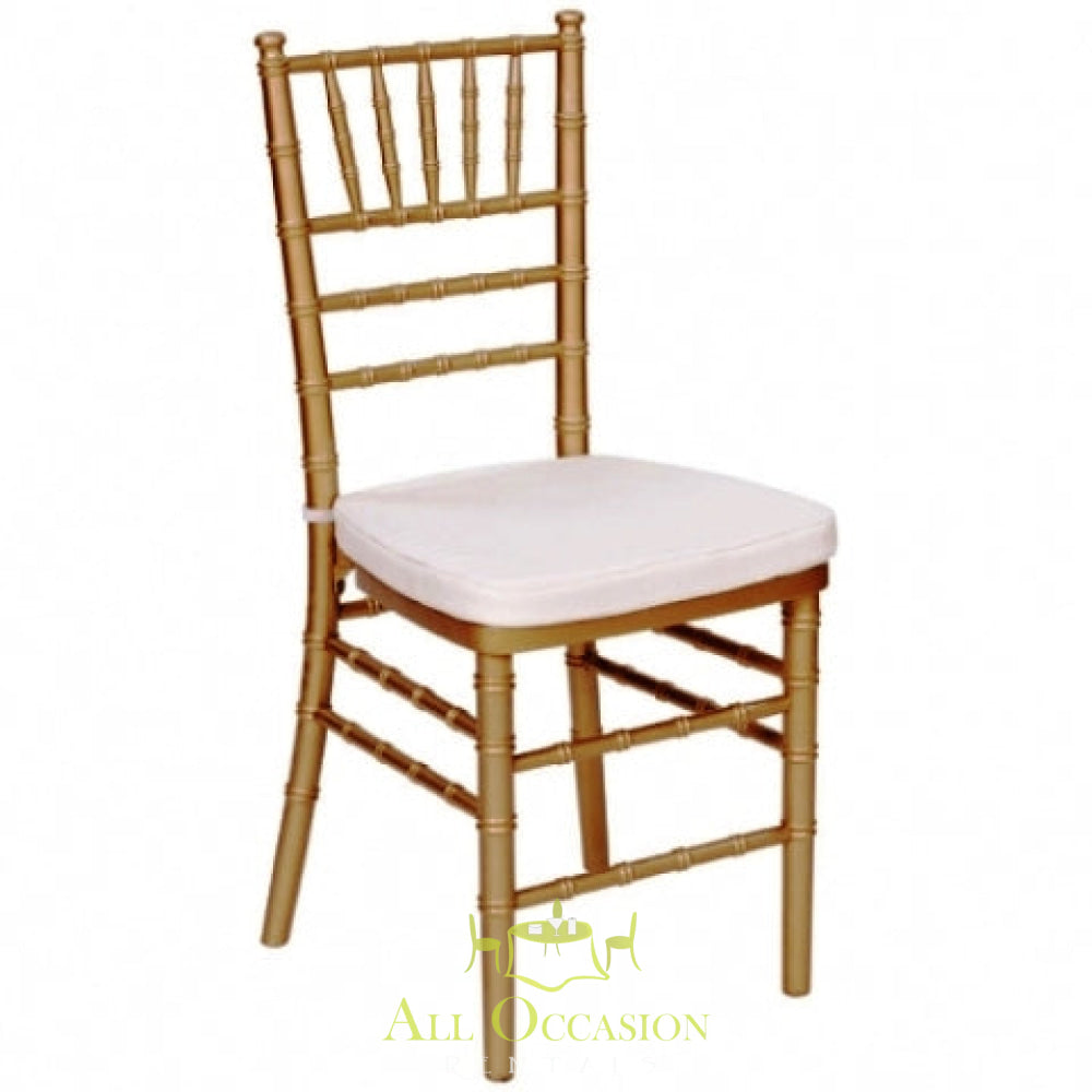 Chiavari chair gold with ivory cushion for gala and wedding rentals in Corona, perfect for elegant events.