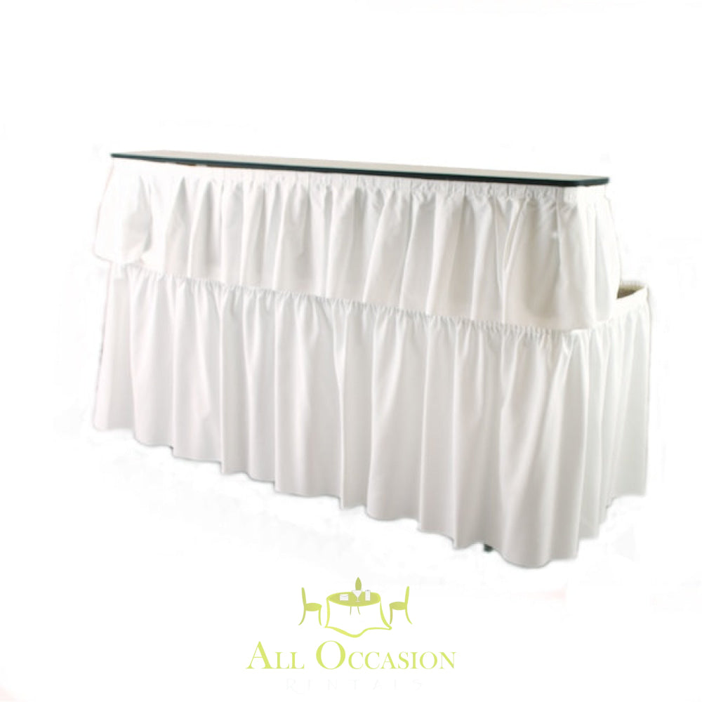 6' bar with elegant white draping for Corona party rentals and event setups.