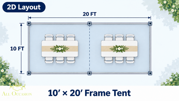 2D layout diagram of a 10' x 20' Frame Style Tent with seating arrangement for events.