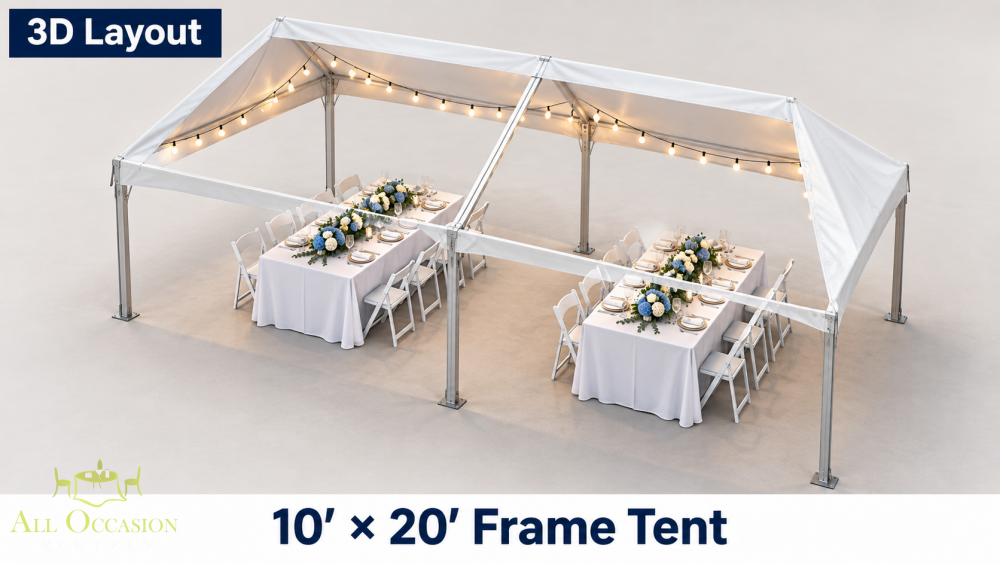 3D layout of a 10' x 20' Frame Style Tent setup for outdoor events with tables and decorations.