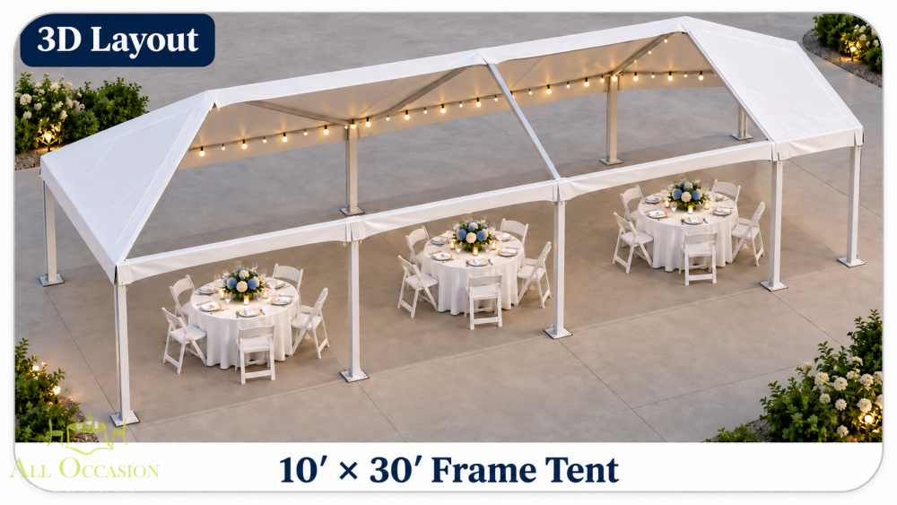 3D layout of a 10' x 30' Frame Style Tent with tables set for an outdoor event.