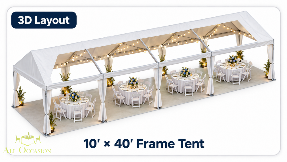 3D layout of a 10' x 40' Frame Style Tent with tables, chairs, and decorative lighting.