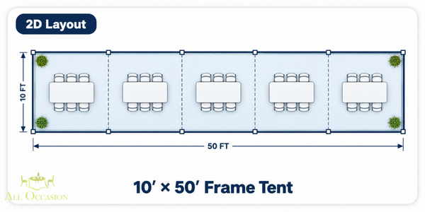 2D layout of a 10' x 50' Frame Style Tent with seating arrangement for events.