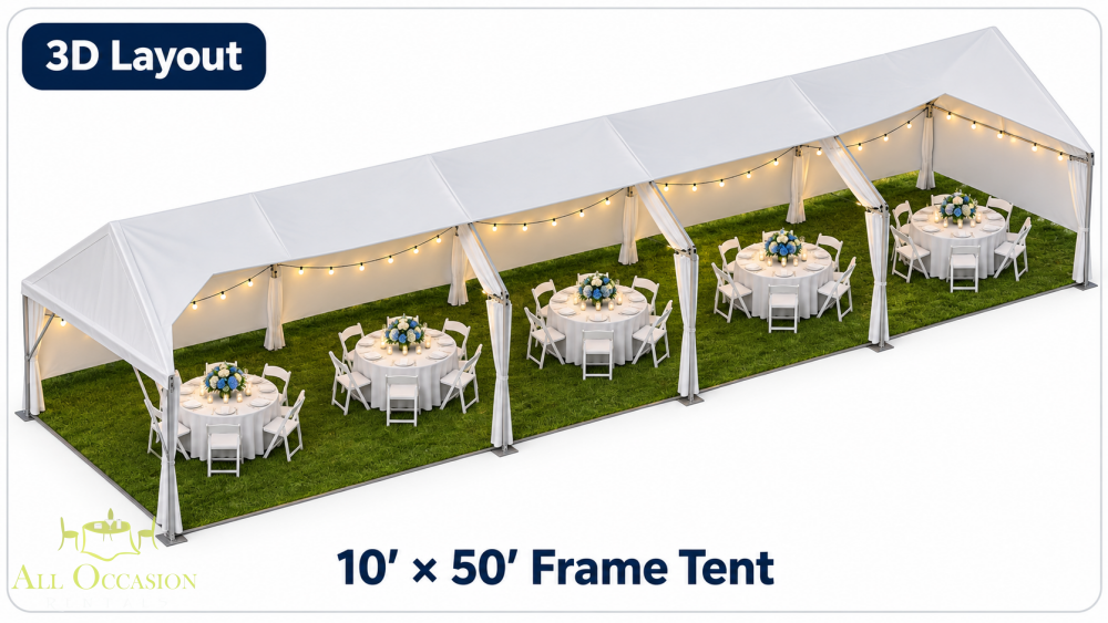 3D layout of a 10' x 50' Frame Style Tent with tables and chairs for events.