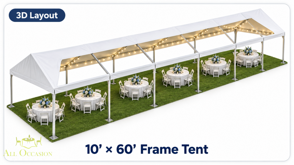 3D layout of a 10' x 60' Frame Style Tent with tables and chairs set for an event.