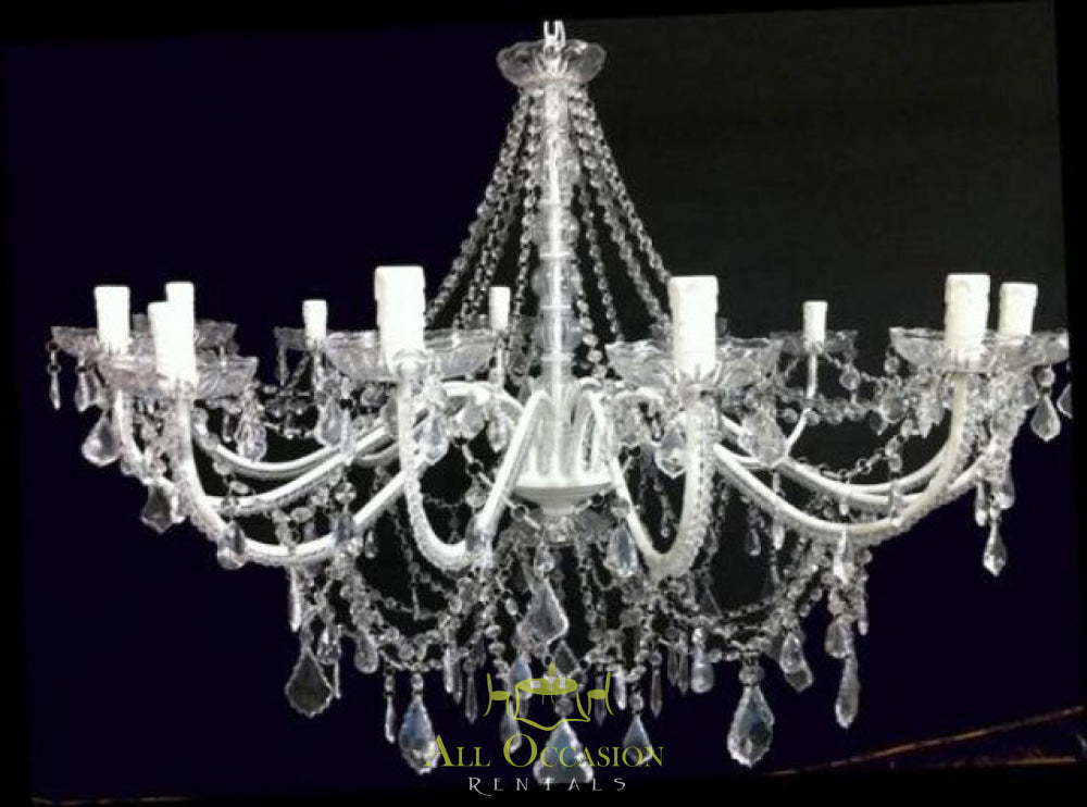 12 Crystal chandelier lights for elegant wedding and event rentals in Corona, CA.