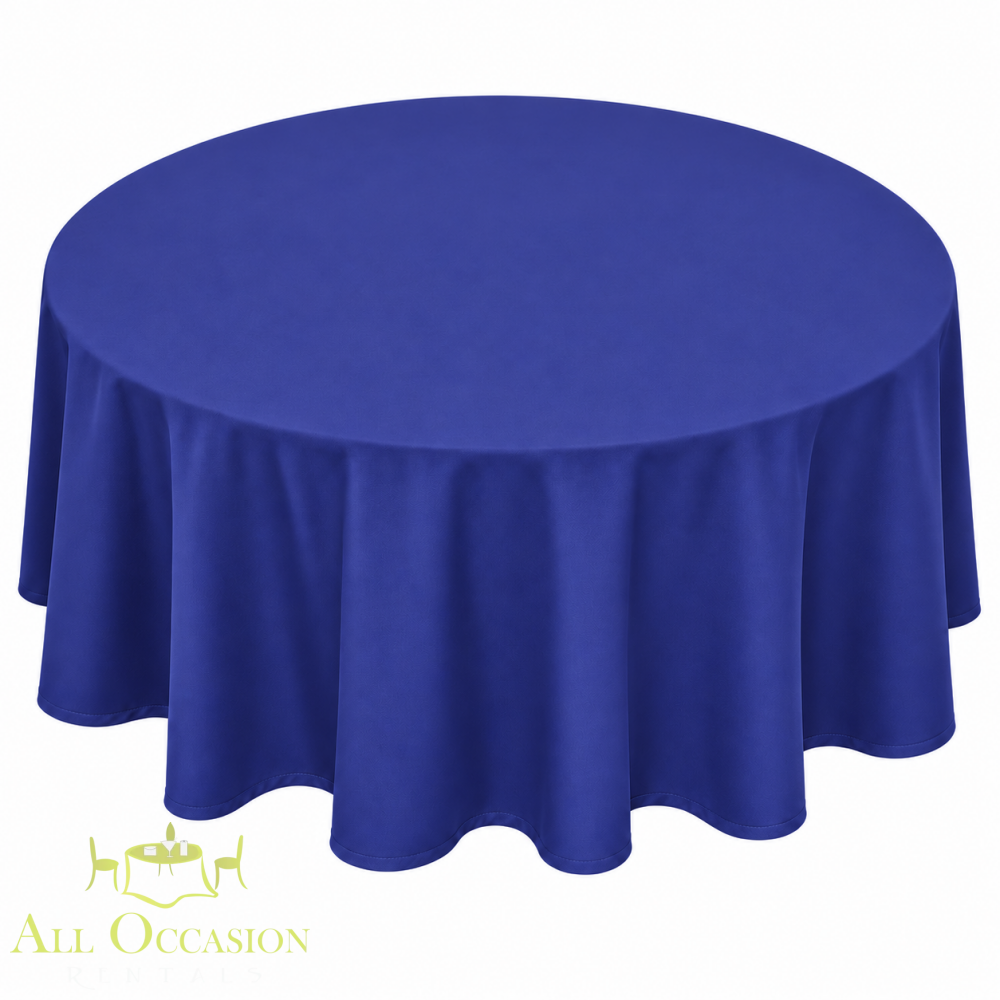 Digitally enhanced illustration of a royal blue 132-inch round polyester tablecloth on a round event table