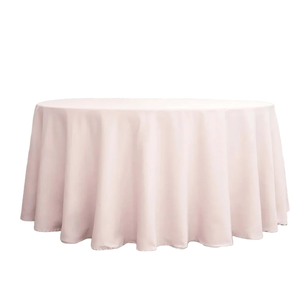 132 Inch Round Polyester Tablecloth Blush Pink draped elegantly over a large round table for special occasions.
