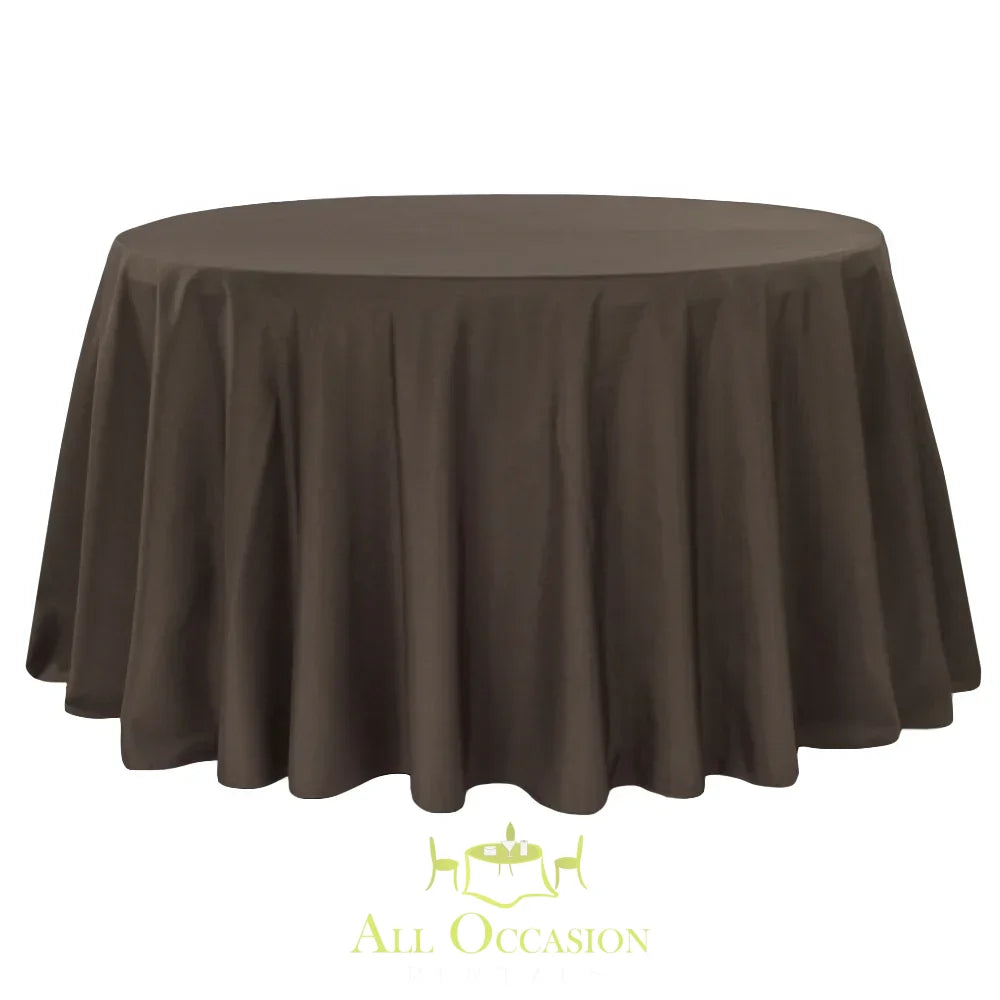 132 Inch Round Polyester Tablecloth Chocolate Brown draped elegantly over a round table for all occasions.