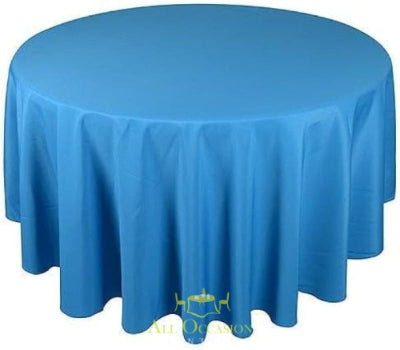 132 Inch Round Polyester Tablecloth Turquoise on a round table, perfect for weddings and special events.