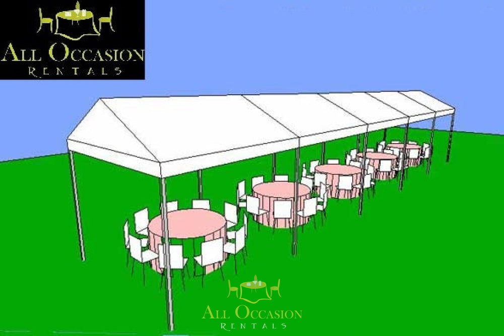15' x 50' Frame Style Tent set up for an event with seating at All Occasion Rentals.