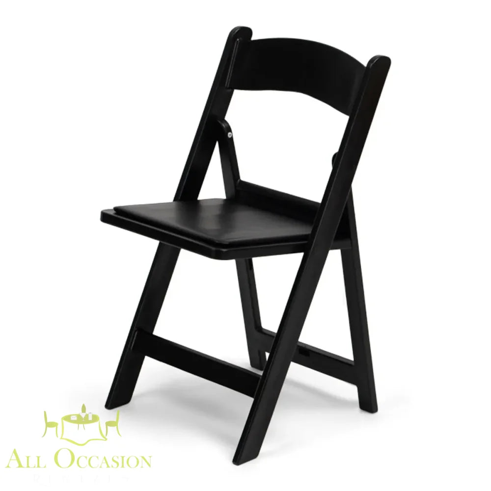 Resin Black Folding Chair with Padded Seat Rental for events and special occasions, elegant design, comfortable seating.