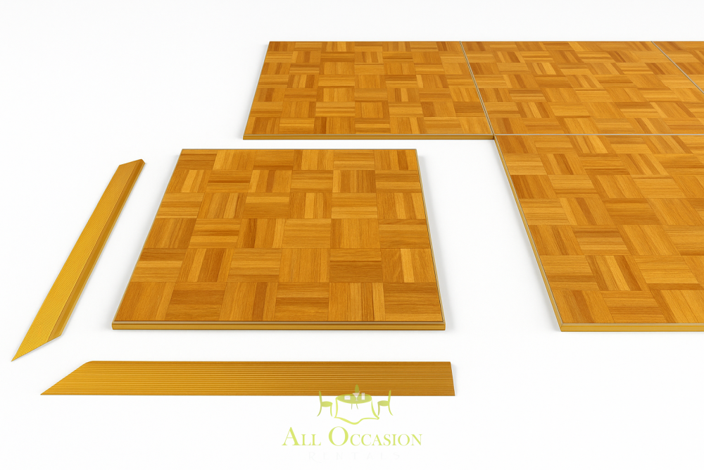 15' X 18' Oak Dance Floor Rental components including polished oak tiles and borders.