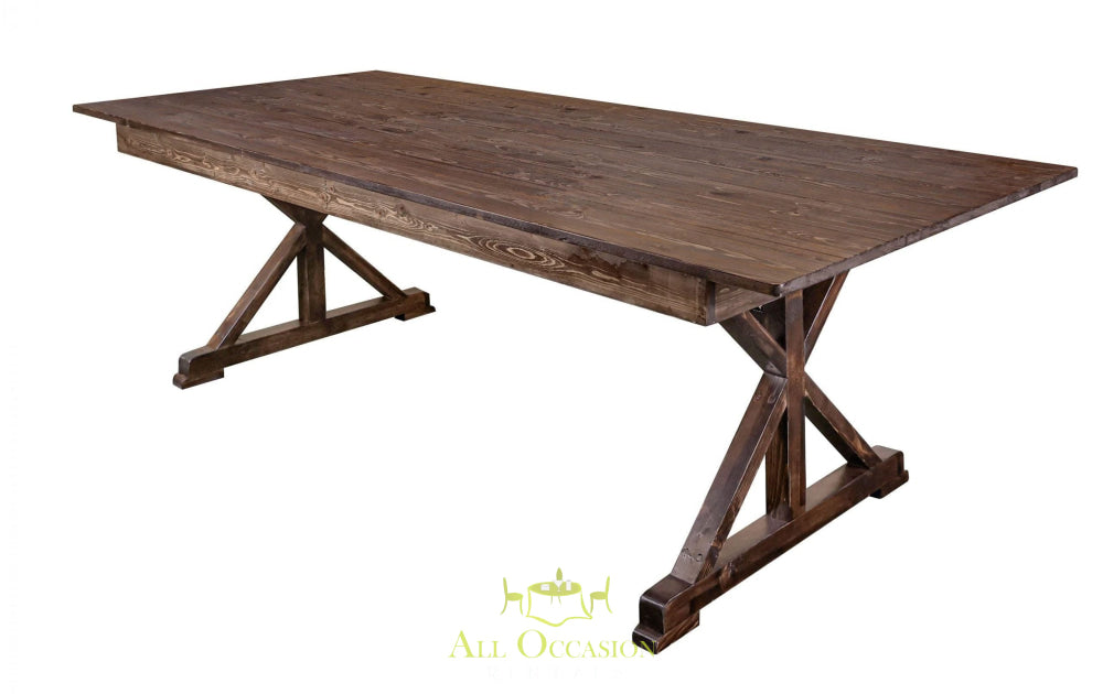 Farm table with X-shape legs, perfect for events, rentals in Corona and the Inland Empire.