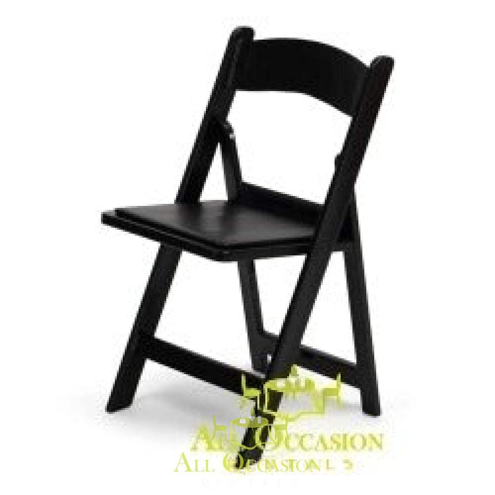 Resin black folding chair with padded seat.