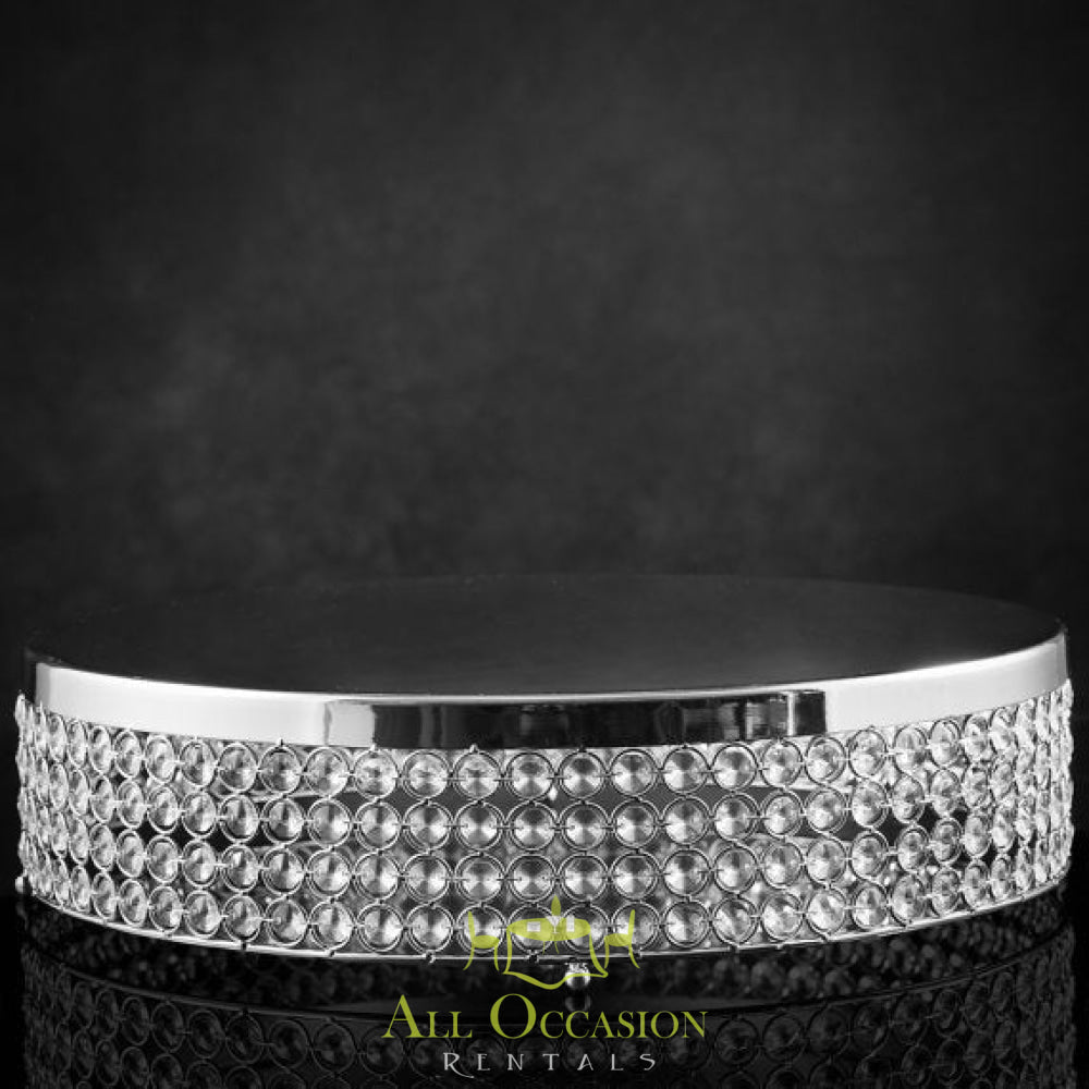 20" round crystal cake stand for weddings and events, perfect for Corona event rentals and party decor.