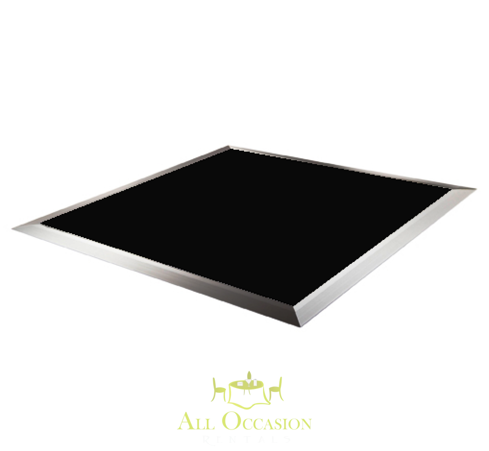30' x 40' Black White Checkered Dance Floor Rental featuring a sleek design with black center and metallic border.
