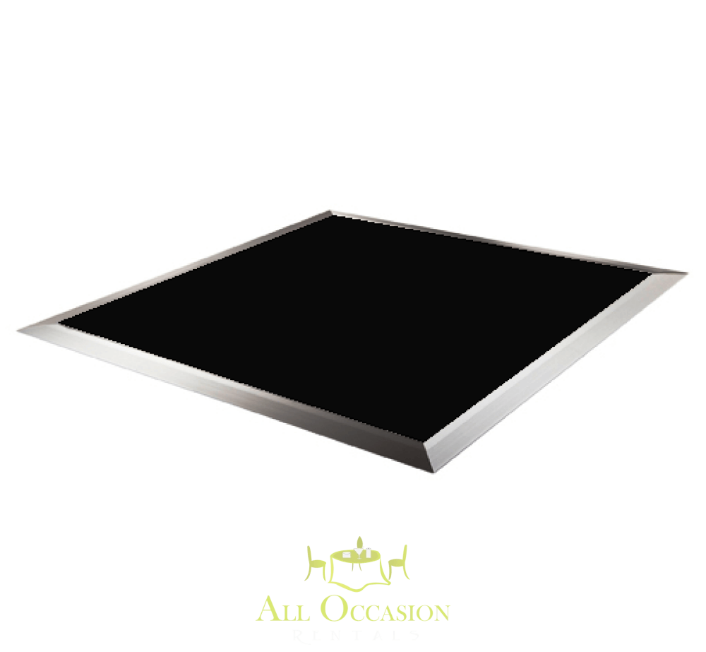 15' x 32' Black White Checkered Dance Floor Rental with polished black surface and silver trim for elegant events.