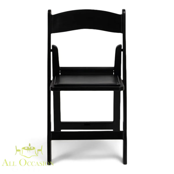 Resin Black Folding Chair with Padded Seat Rental displayed in a clean, professional style for events and occasions.