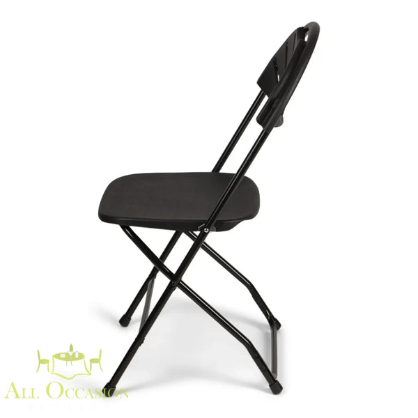 Image of Fan Plastic Folding chairs Black showcasing a sleek design and sturdy metal frame from a side angle.