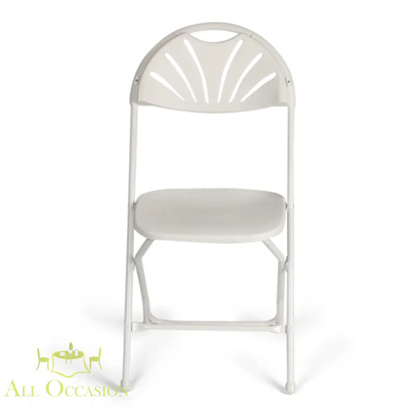 Image of Fan plastic folding chairs White with fan-back design, ideal for weddings and events.