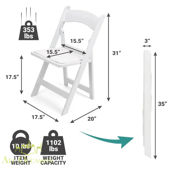Resin White Folding Chair with Padded Seat Rental dimensions showing capacity and folding mechanism.