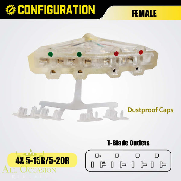 Twist Lock Power Plug Rental configuration female with dustproof caps and T-Blade outlets for generators and events.