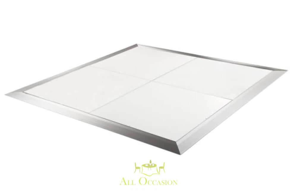 18' x 16' Black White Checkered Dance Floor Rental with a sleek design and polished surface for events.