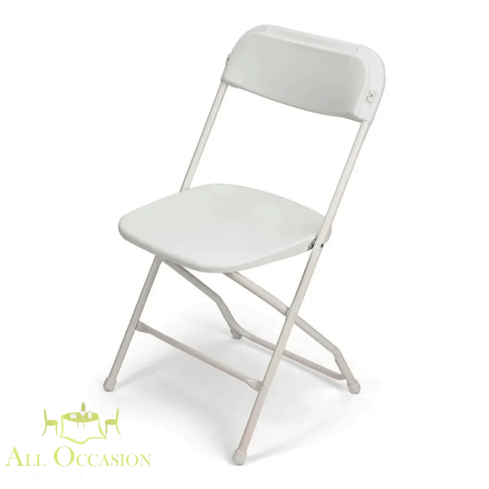 White Plastic Folding Chair for event seating, suitable for weddings, parties, and corporate events from All Occasion Rentals.