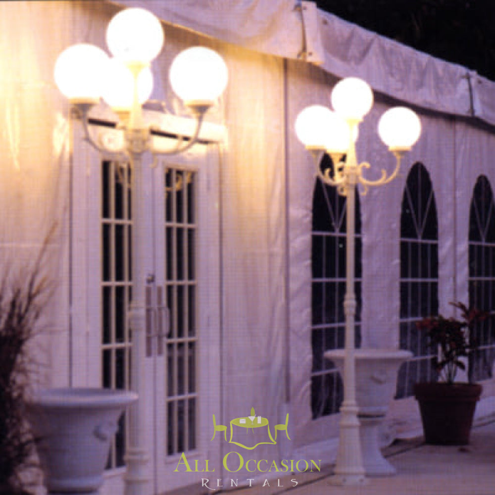 4 globe lamp post lighting for elegant tent events, ideal for Corona party rentals and vintage event rentals.