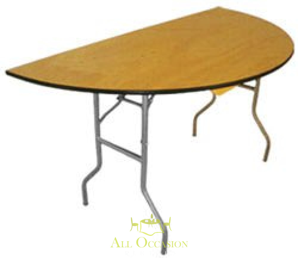 Half round folding table 60" for rent with event packages in Corona, ideal for banquets and receptions.
