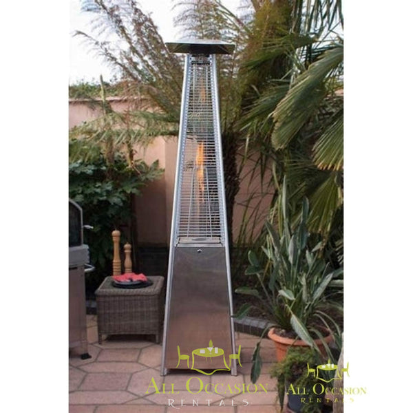 Stainless steel glass tube patio heater for outdoor events, ideal for rentals in Corona and the Inland Empire.